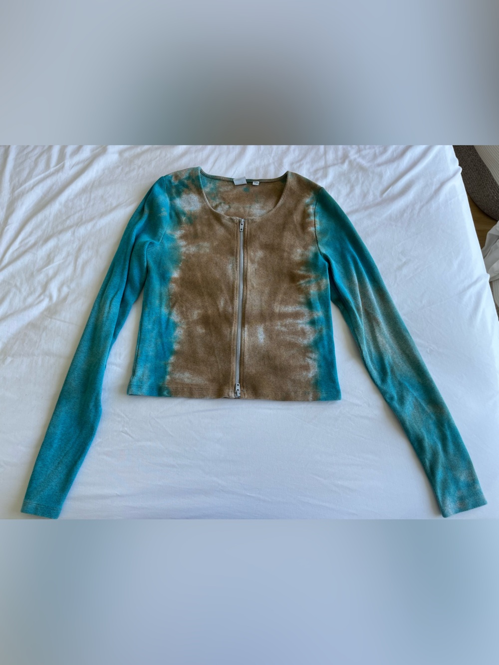 Aritzia Tna Blue and Brown Zip-Front Long Sleeve Women's Top size large